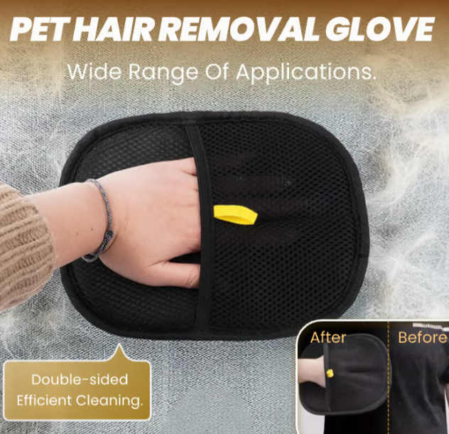 Pet hair removal glove with a hand wearing it, showing before and after effects on a textured background.